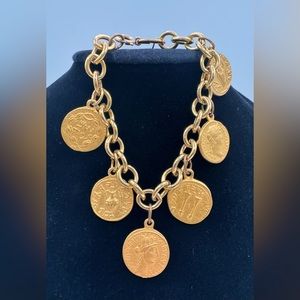 Vintage Gold tone Faux Ancient Coins Dangle Cha-cha Bracelet  Size 6 1/2"